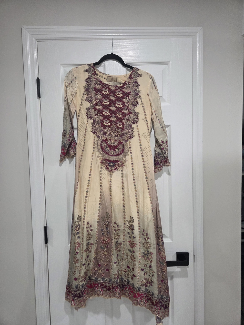 Embroidered Cream and Burgundy Long Sleeve Dress